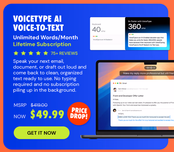 VoiceType AI Voice-to-Text: Lifetime Subscription (Unlimited Words/Month)