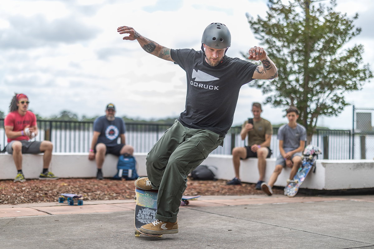 Mike V skating in a GORUCK shirt