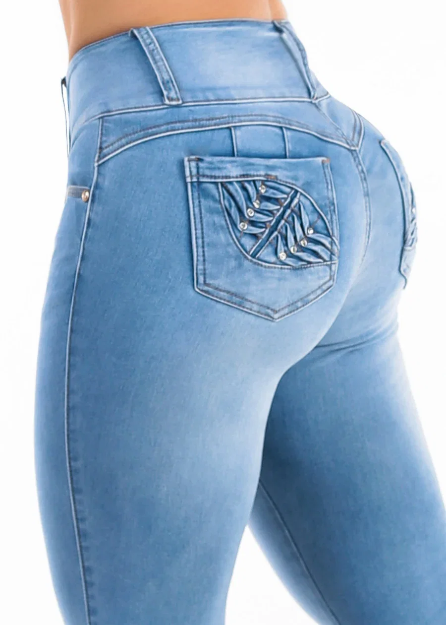 Image of Butt Lift Mid Rise Stretch Skinny Jeans Light Blue