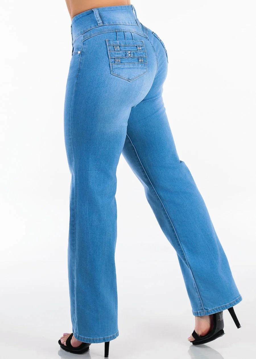 Image of Butt Lift High Waist Stretch Wide Leg Jeans Light Wash