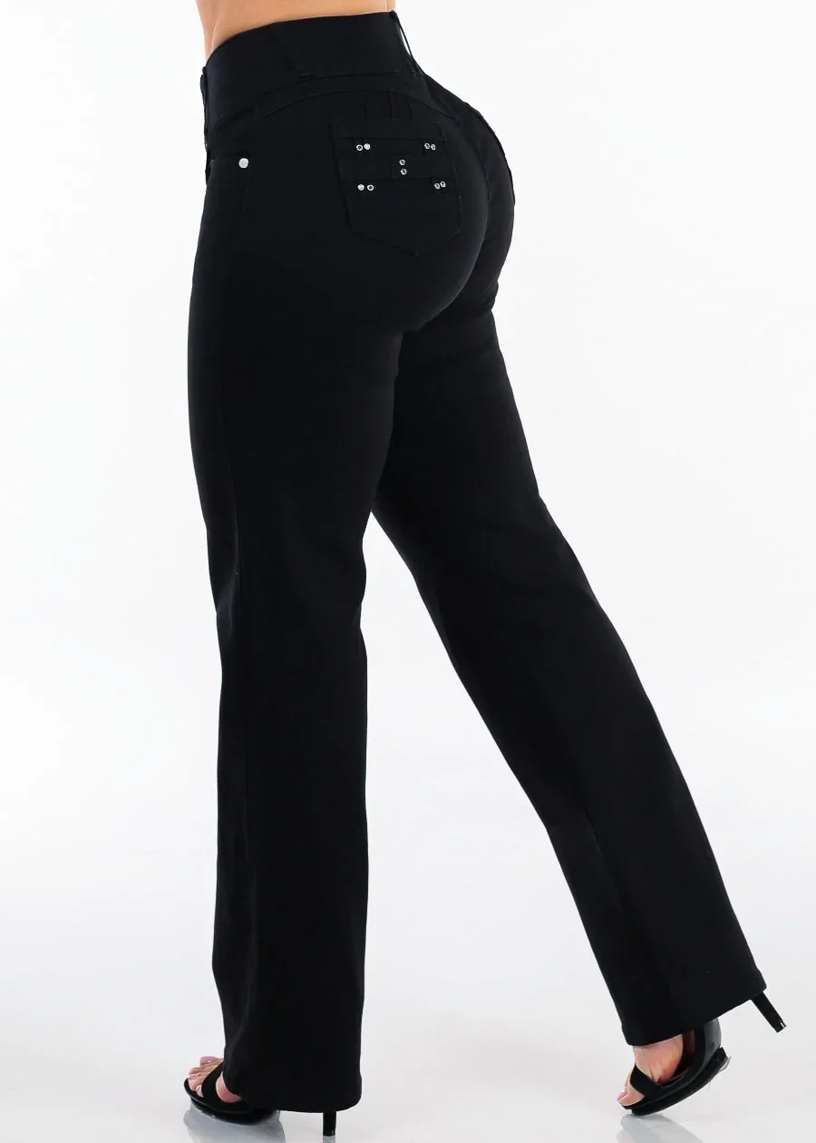 Image of Butt Lift High Waist Stretch Wide Leg Jeans Black