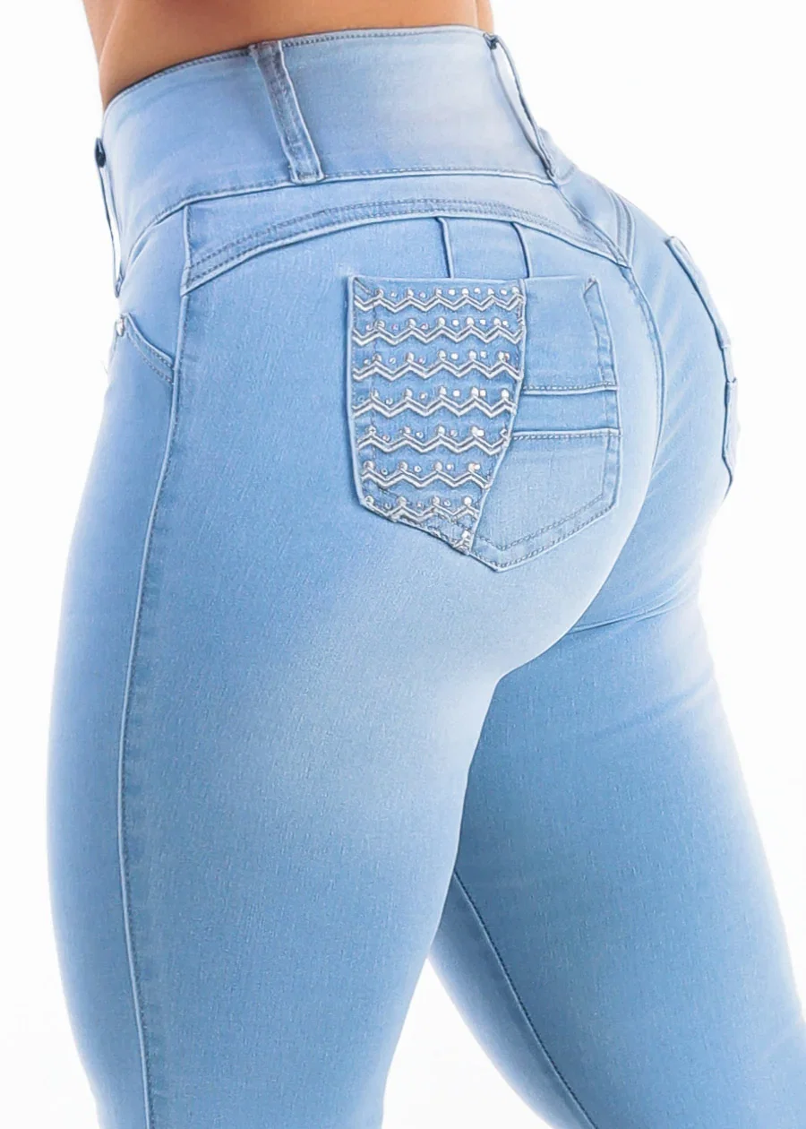 Image of Butt Lift Mid Rise Stretch Skinny Jeans Light Wash