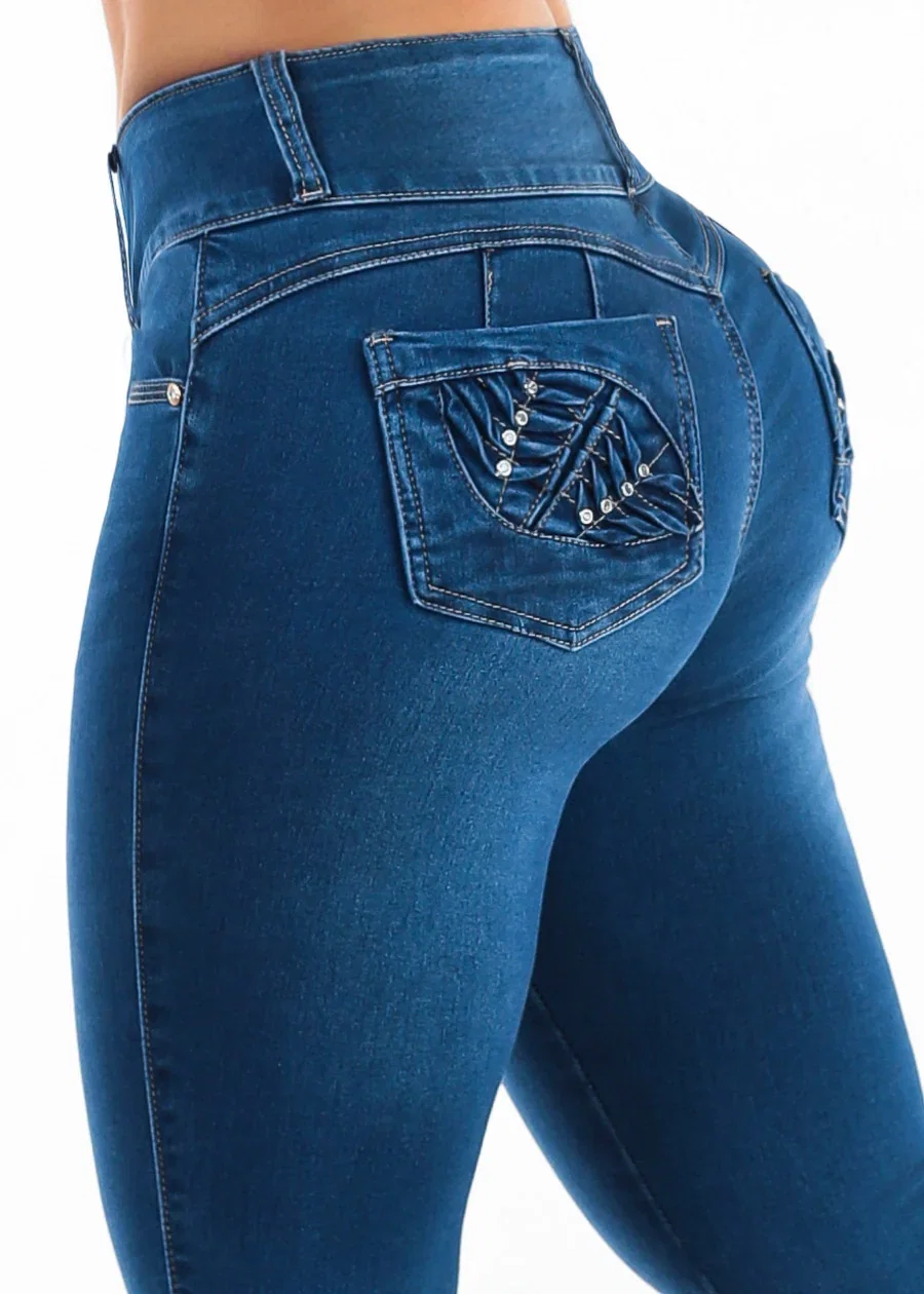 Image of Butt Lift Mid Rise Stretch Skinny Jeans Dark Blue