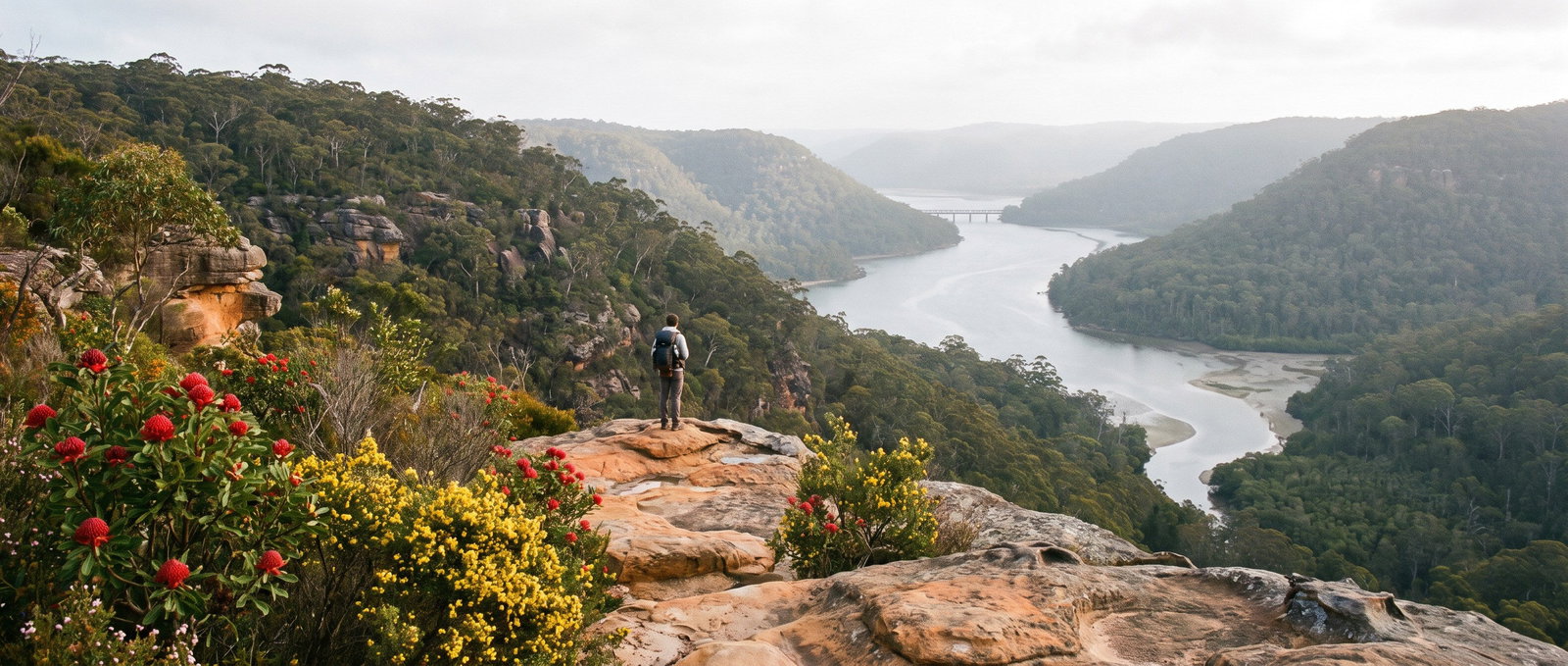 Walker on a sandstone ledge above the Hawkesbury River on the Great North Walk