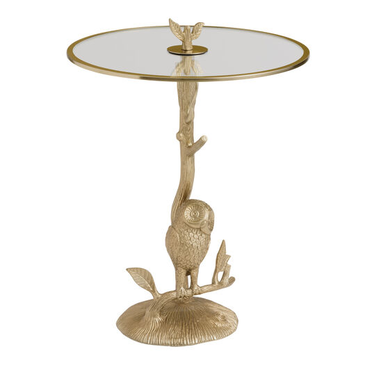 Glass and Gold Metal Forest Owl on Branch Shaped Side Table