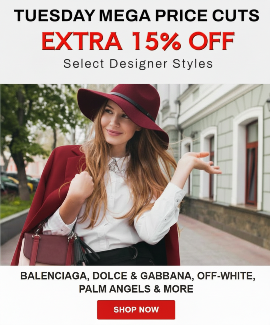 Woman in stylish outfit with "Extra 15% Off Designer Styles" sale text.