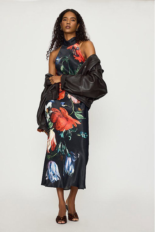 By Anthropologie Floral Satin Halter Tassel Maxi Dress