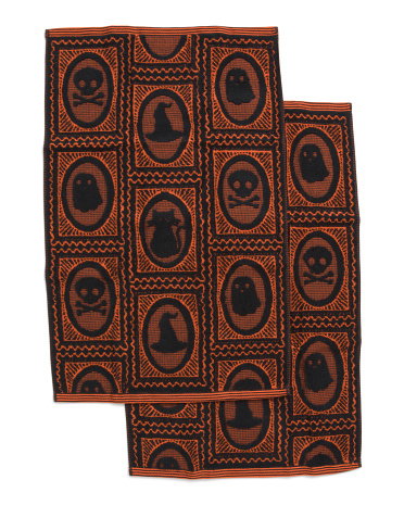 Set Of 2 Halloween Frame Hand Towels | Black/Orange | Cotton