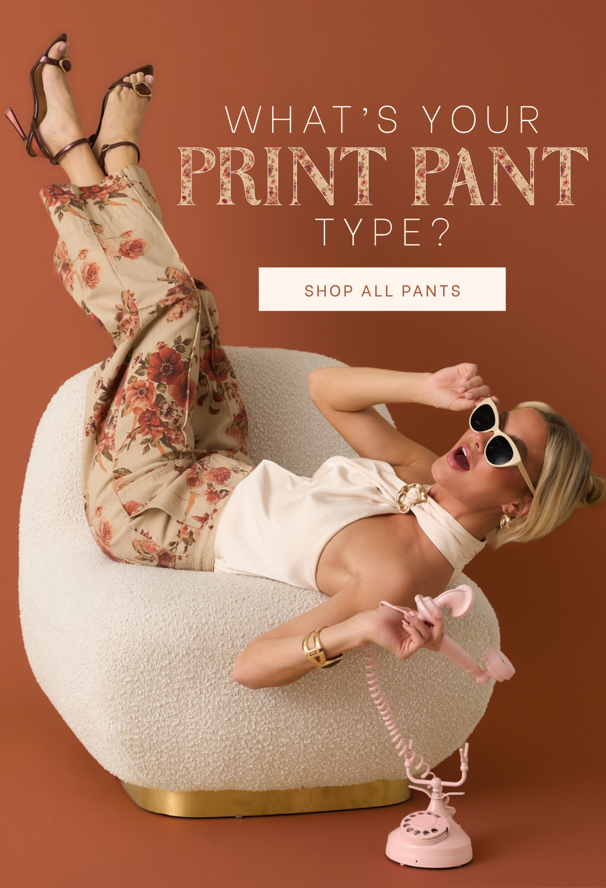 'What's Your Print Pant Type?' Model wearing Taupe & Rust Floral Cotton Wide Leg Pants. 