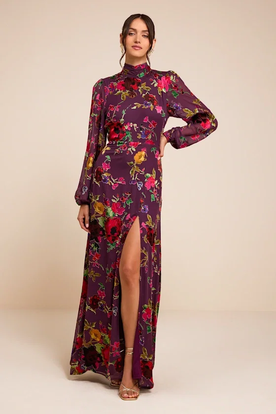 Image of Graceful Arrival Plum Floral Burnout Backless Maxi Dress