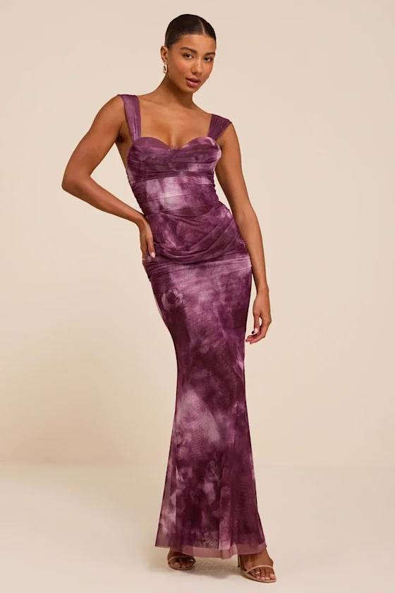 Image of Cecily Purple Mesh Bustier Maxi Dress