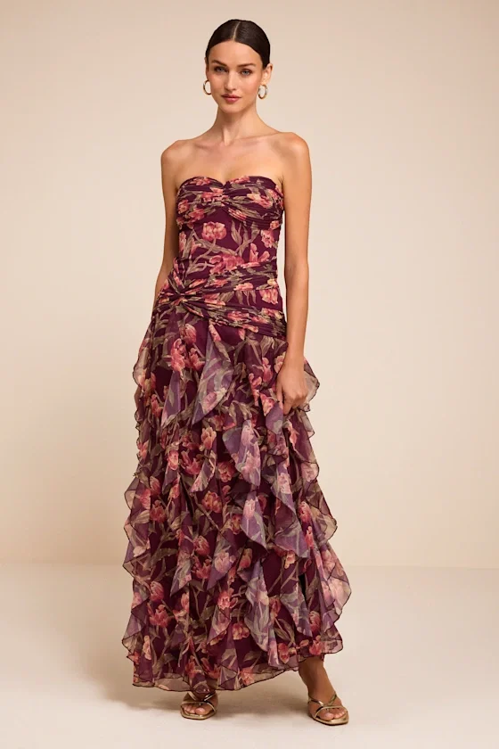 Image of Danna Plum Multi Floral Ruffled Maxi Dress