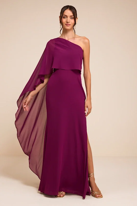 Image of Marlowe Plum One-Shoulder Cape Maxi Dress