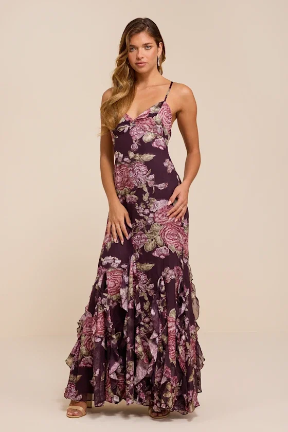Image of Deluca Plum Floral Burnout Sleeveless Ruffled Maxi Dress