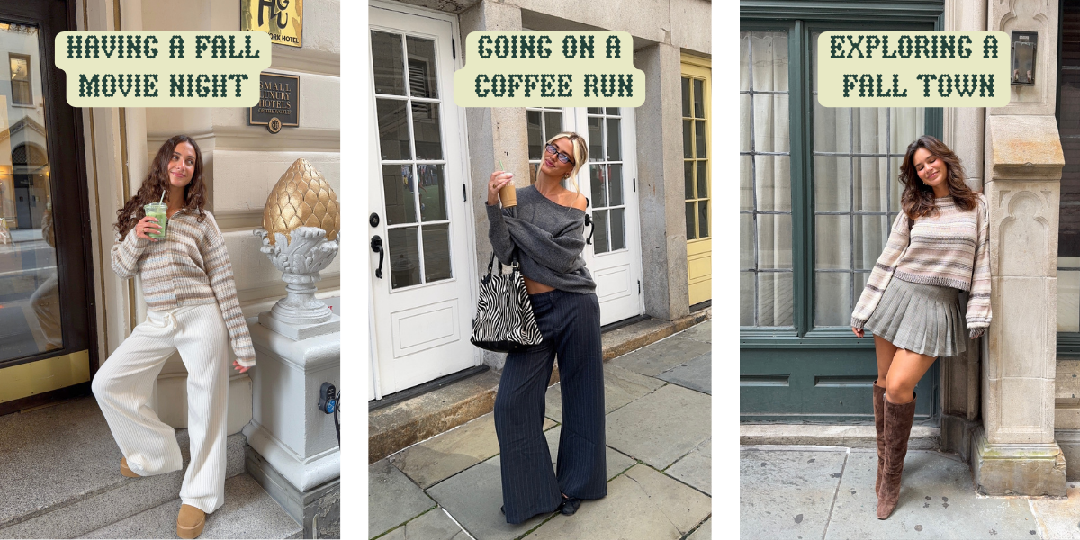 3 Fall activity outfits, featuring an outfit for having a fall movie night, going on a coffee run, exploring a fall town