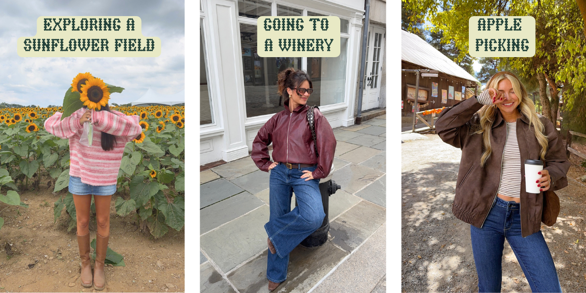 3 Fall activity outfits, featuring an outfit for exploring a sunflower field, going to a winery, apple picking