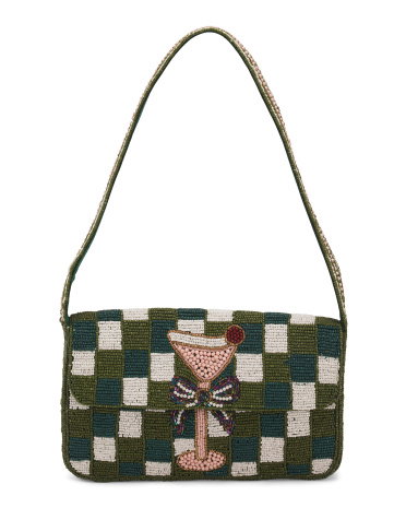 Beaded Martini Bow Shoulder Bag for Women | Green | Leather