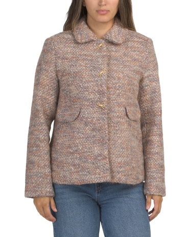 Wool Blend Sequin Embellished Tweed Bow Button Jacket for Women | Mauve/Gold | Size: L | Polyester/Nylon/Wool