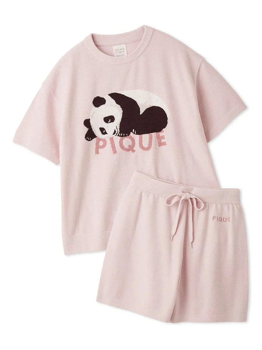 Image of Airy Moco Sleeping Panda Jacquard Pullover & Shorts Set