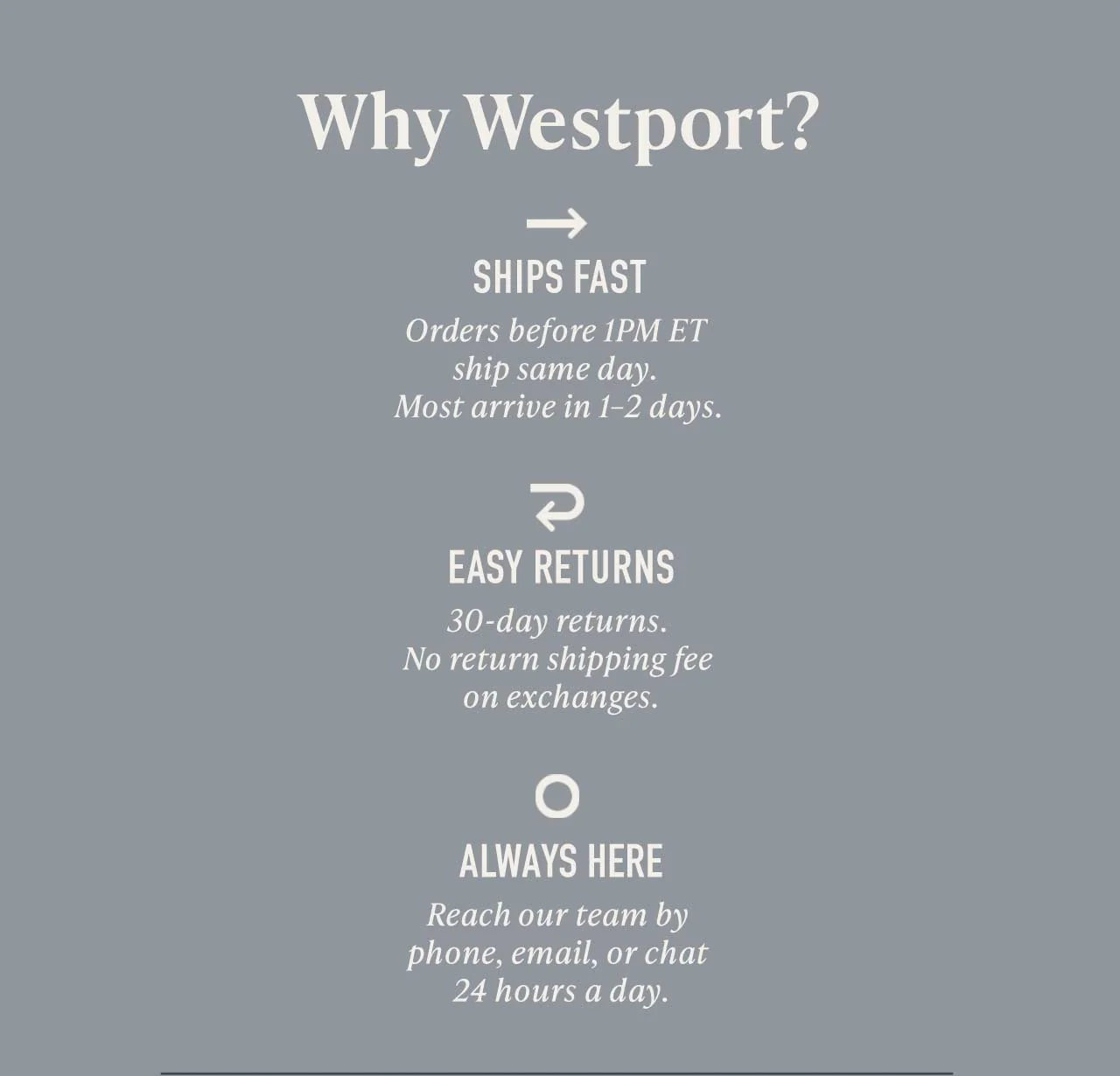 Why Westport? Ships Fast — orders before 1PM ET ship same day, most arrive in 1–2 days. Easy Returns — 30-day returns, no return shipping fee on exchanges. Always Here — reach our team by phone, email, or chat 24 hours a day.