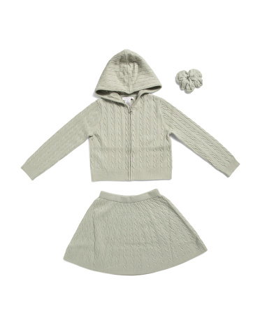 Girls 2pc Long Sleeve Hooded Zip Up Sweater With Skirt And Scrunchie | Desert Sage | Size: 10/12 | Polyester/Nylon/Viscose