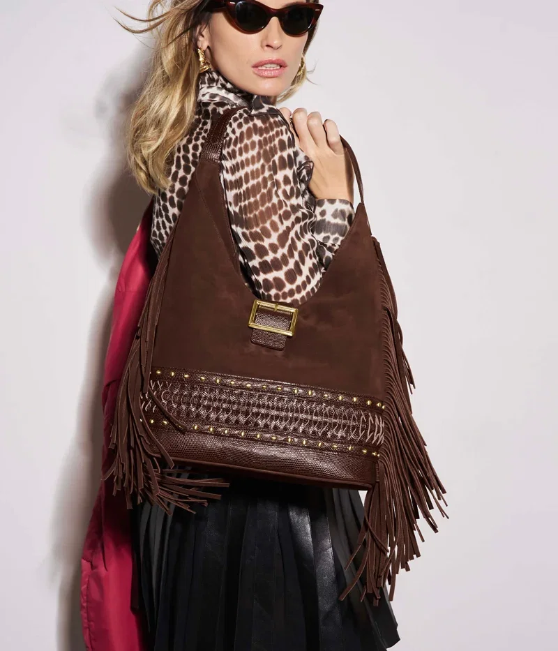 Gwynne Bohemian Collection Chocolate Buckle Studded Fringe Suede Hobo Shoulder Bag, $465
