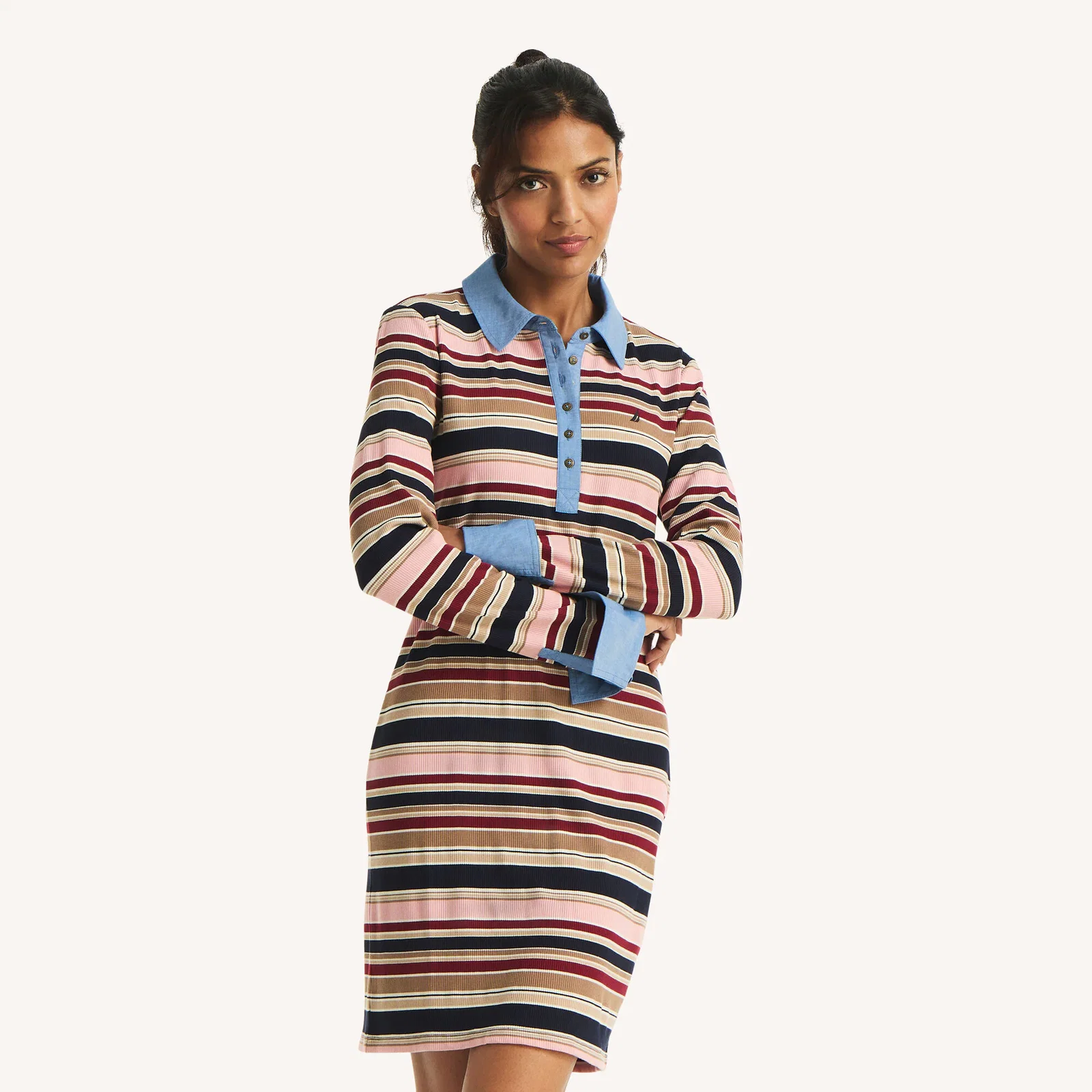 Image of Mixed Media Striped Polo Dress