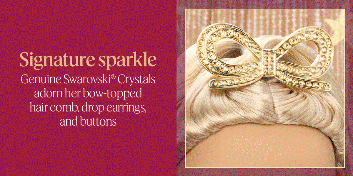 Signature sparkle. Genuine Swarovski® Crystals adorn her bow-topped hair comb, drop earrings, and buttons