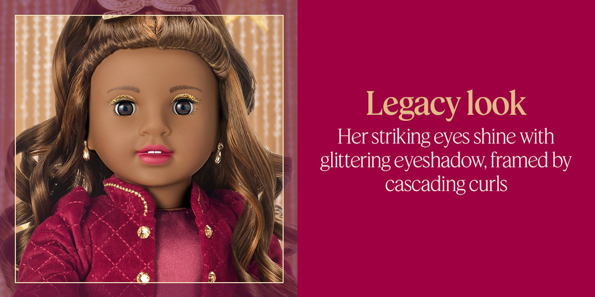 Legacy look. Her striking eyes shine with glittering eyeshadow, framed by cascading curls