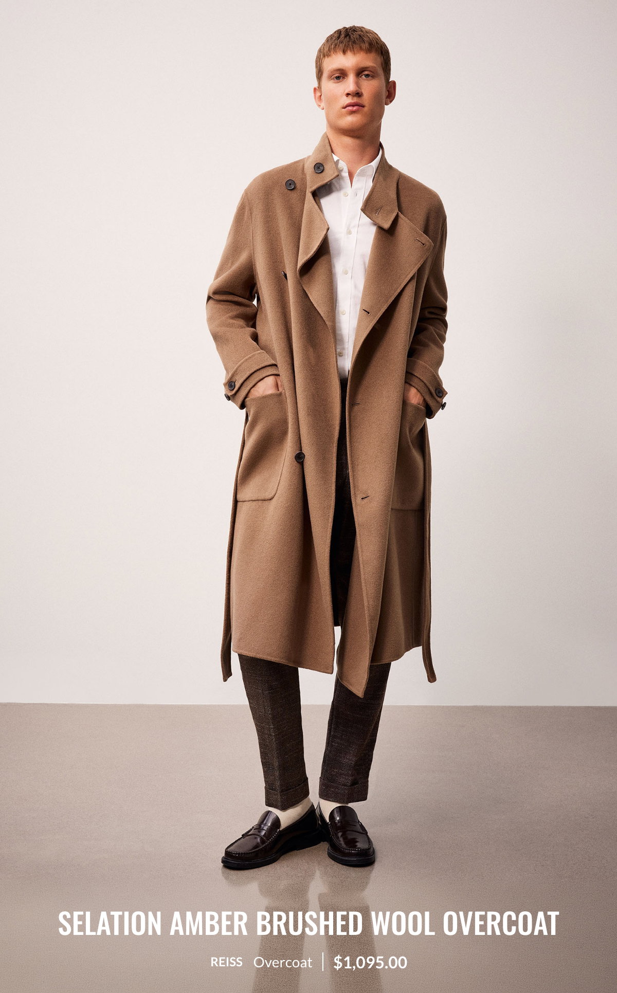 Man wearing the Selation amber brushed wool overcoat at 1095.00$