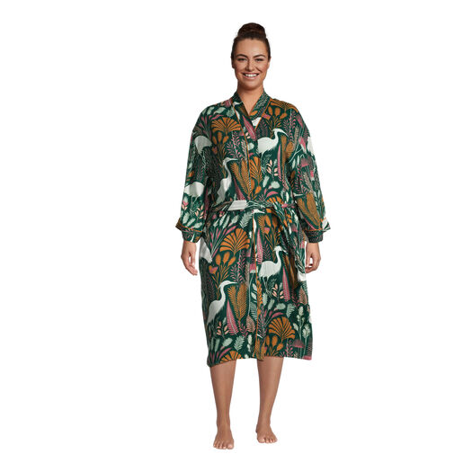 Multicolor Teal Crane Botanical Robe with Pockets