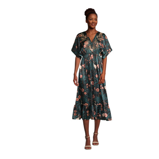 Mira Black and Rose Satin Floral Bird Kaftan Dress with Pockets