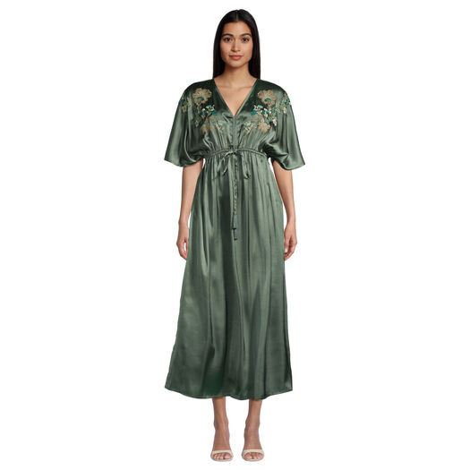 Mira Laurel Green Satin Floral Embroidered Kaftan Dress