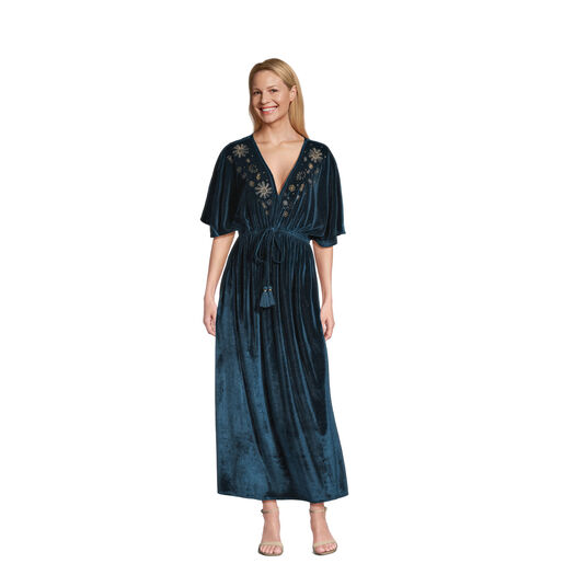 Mira Navy Blue Velvet Celestial Embroidered Kaftan Dress