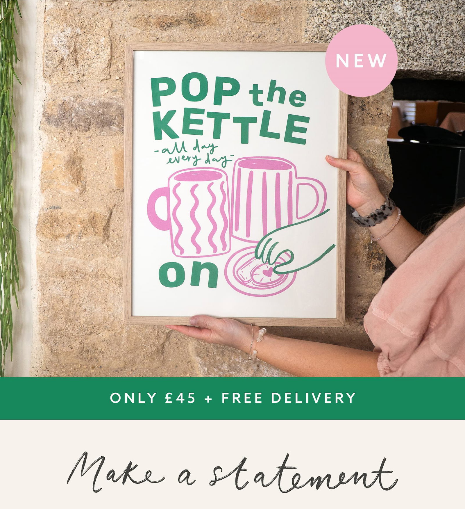 New Whistlefish art collection. “Pop the Kettle On” framed graphic print in green and pink. Free delivery on this collection. Make a statement.