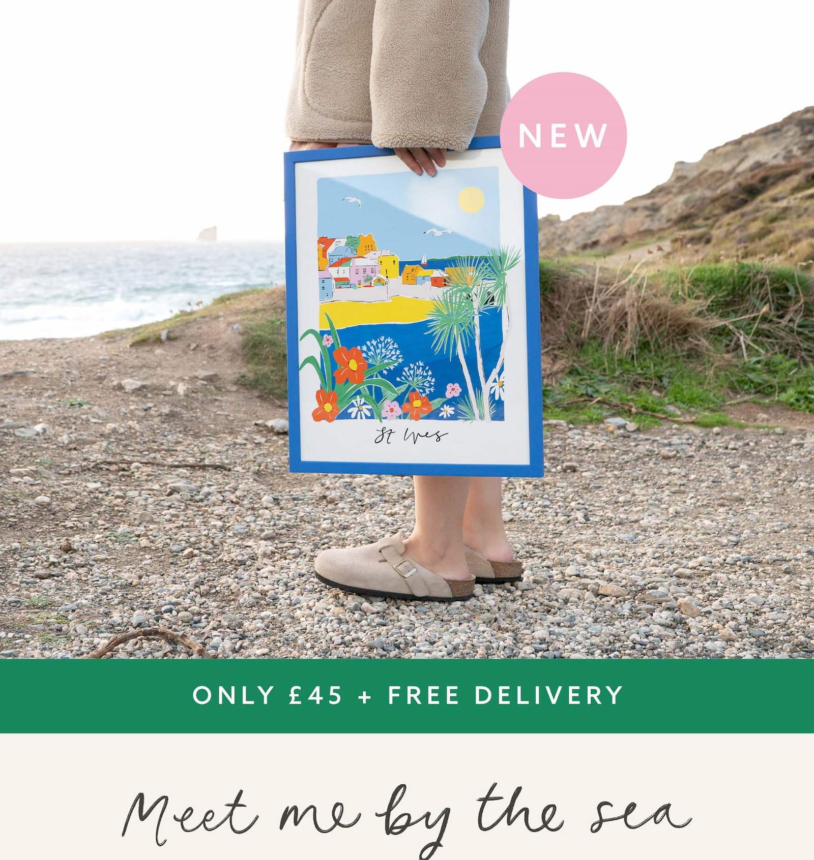 New colourful St Ives coastal art print in a blue frame, photographed by the Cornish coast. Free delivery on this collection. Meet me by the sea.