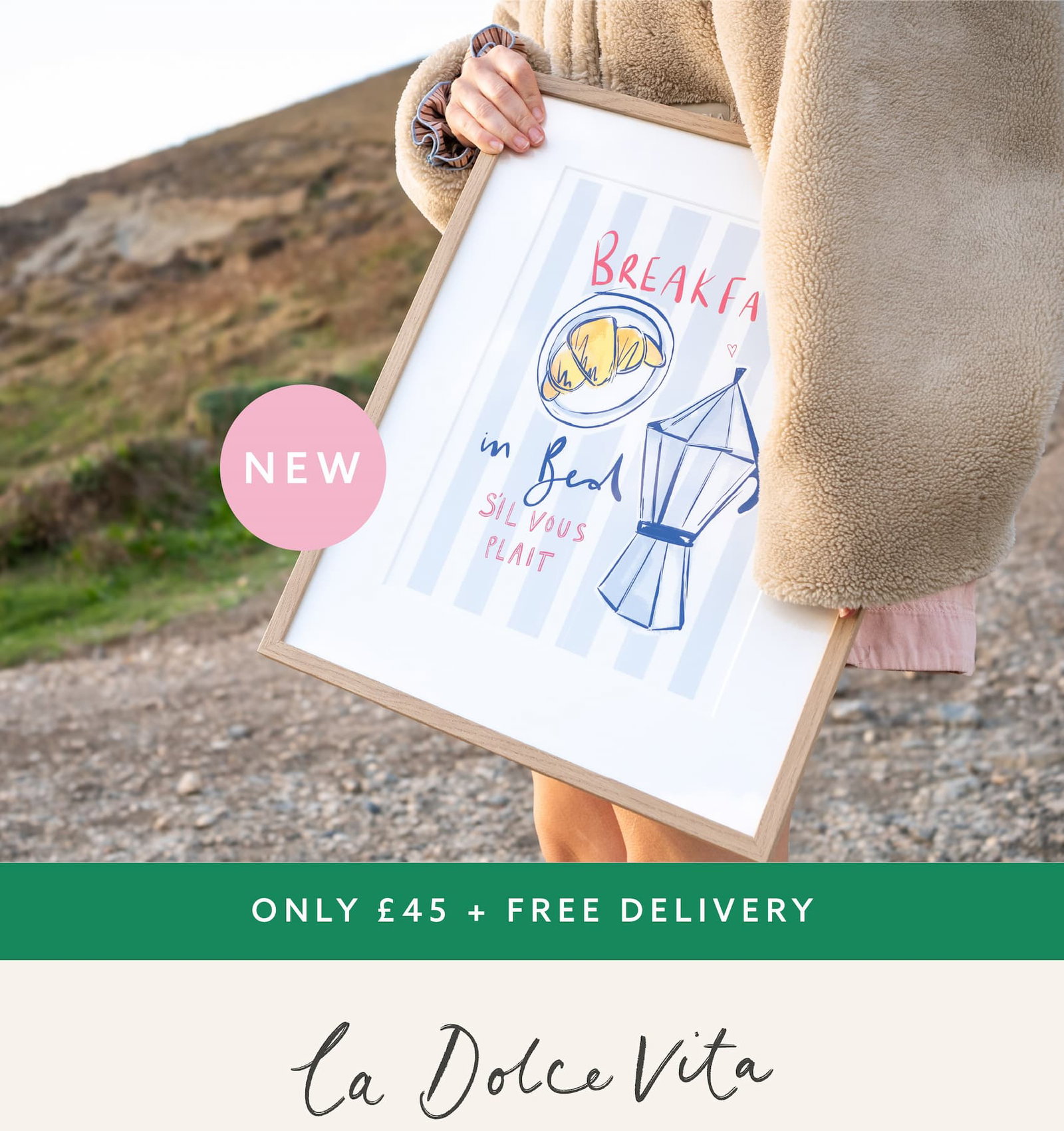 New “Breakfast in Bed” graphic art print in a natural wooden frame. Free delivery on this collection. La Dolce Vita.