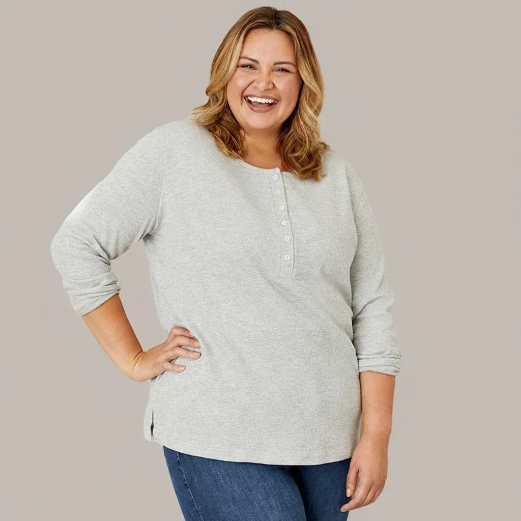 Image of Women's Long Sleeve Thermal Henley Top with Buttons
