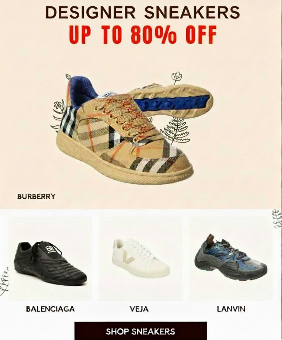 Designer sneakers on sale up to 80% off, featuring Burberry, Balenciaga, Veja, and Lanvin.