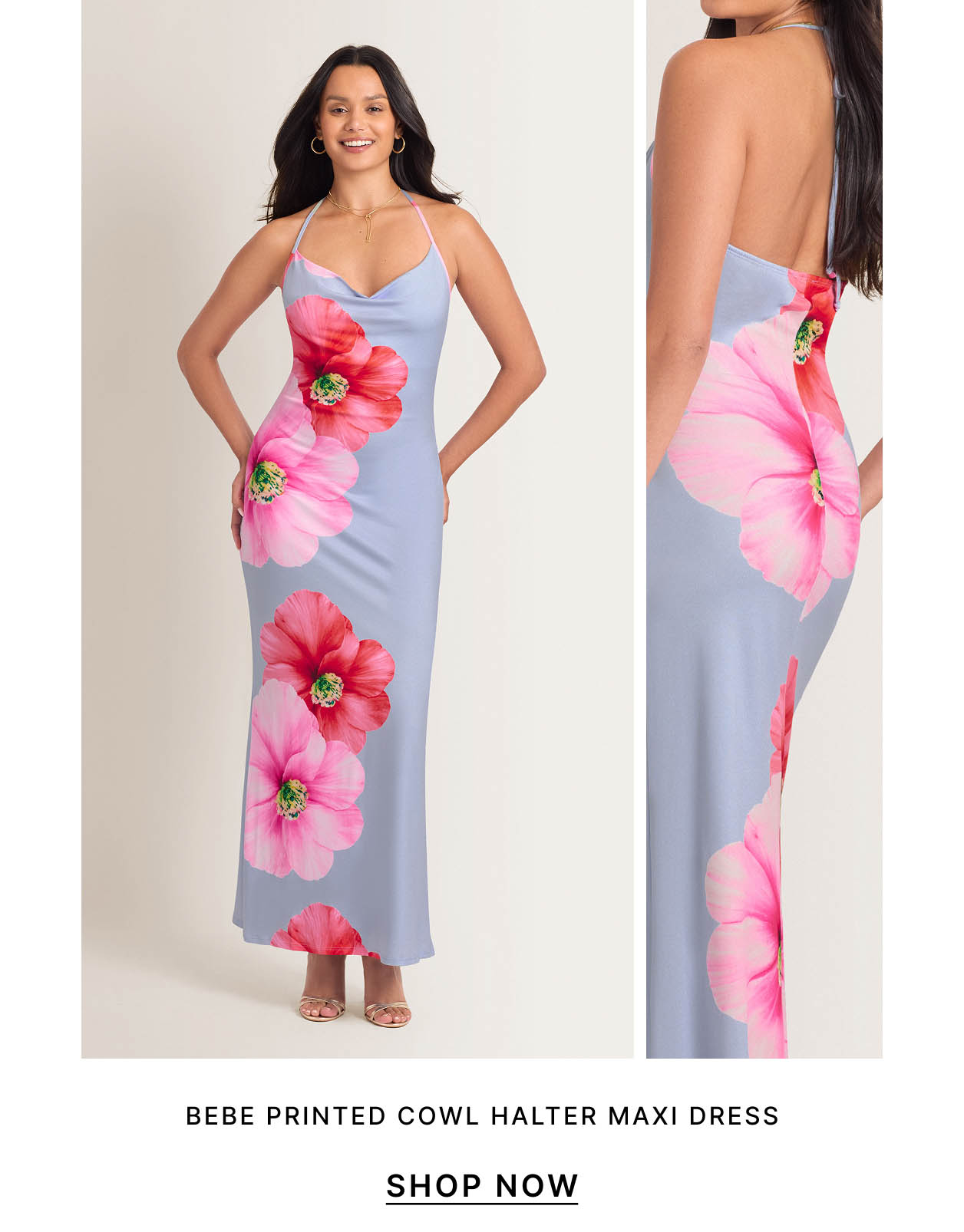 bebe Printed Cowl Halter Maxi Dress