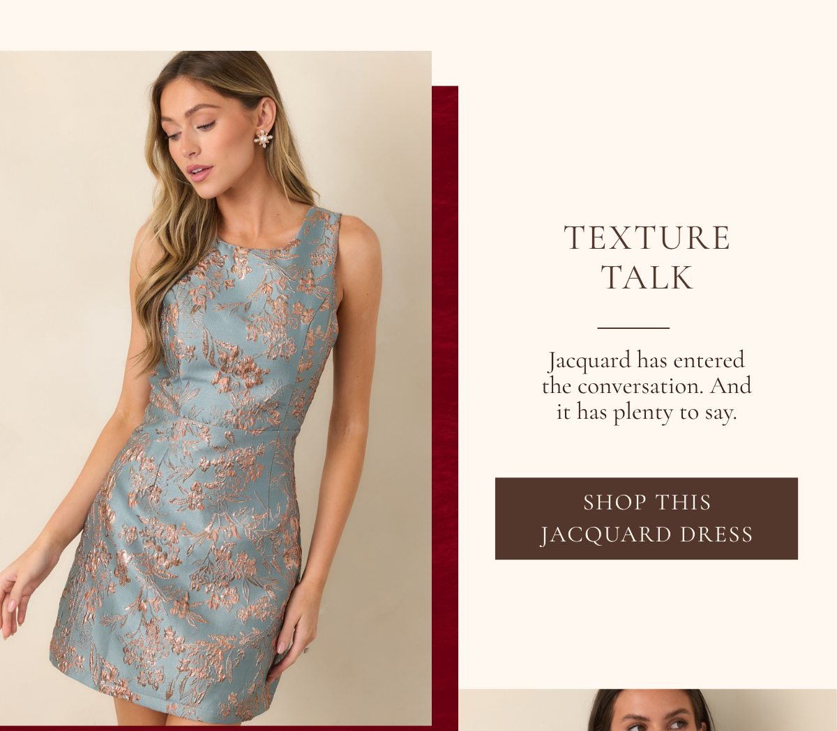 'Texture Talk. Jacquard has entered the conversation. Shop the dress.'