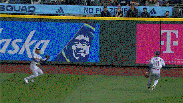 An animated gif of Brice Matthews making a sliding catch in center field