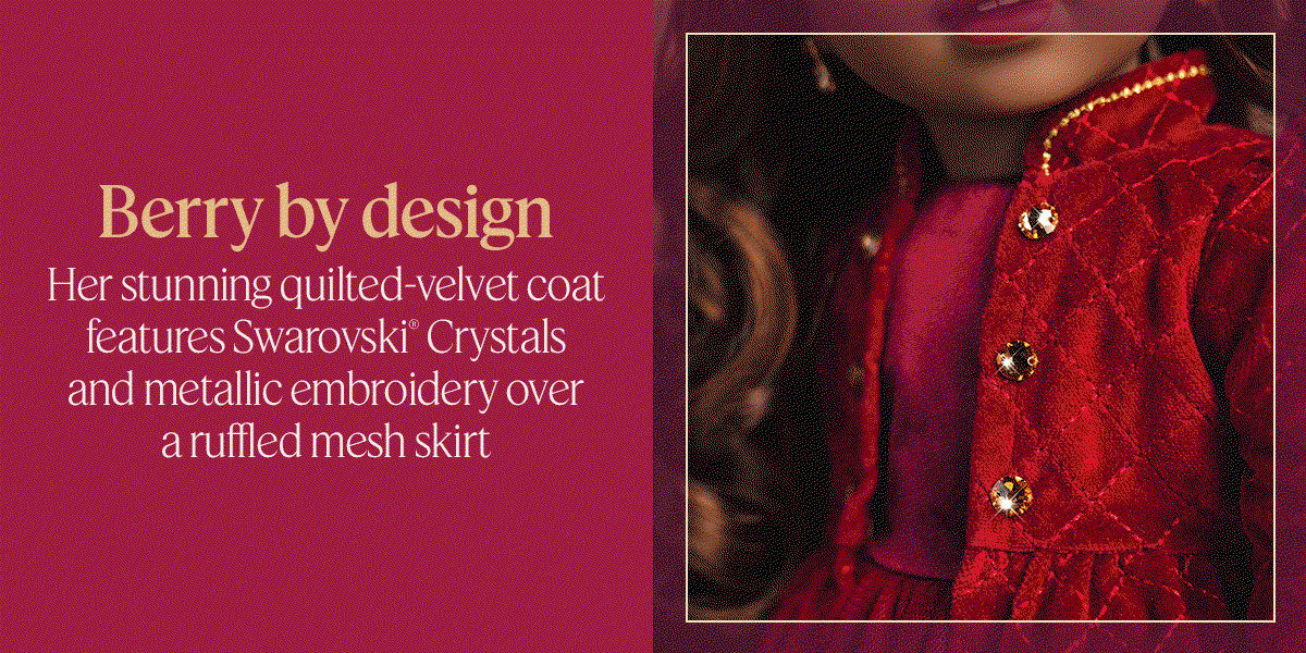 Berry by design. Her stunning quilted-velvet coat features Swarovski® Crystals and metallic embroidery over a ruffled mesh skirt