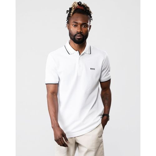 BOSS Green Paddy Mens Cotton-Piqué Polo Shirt with Contrast Logo - White 100