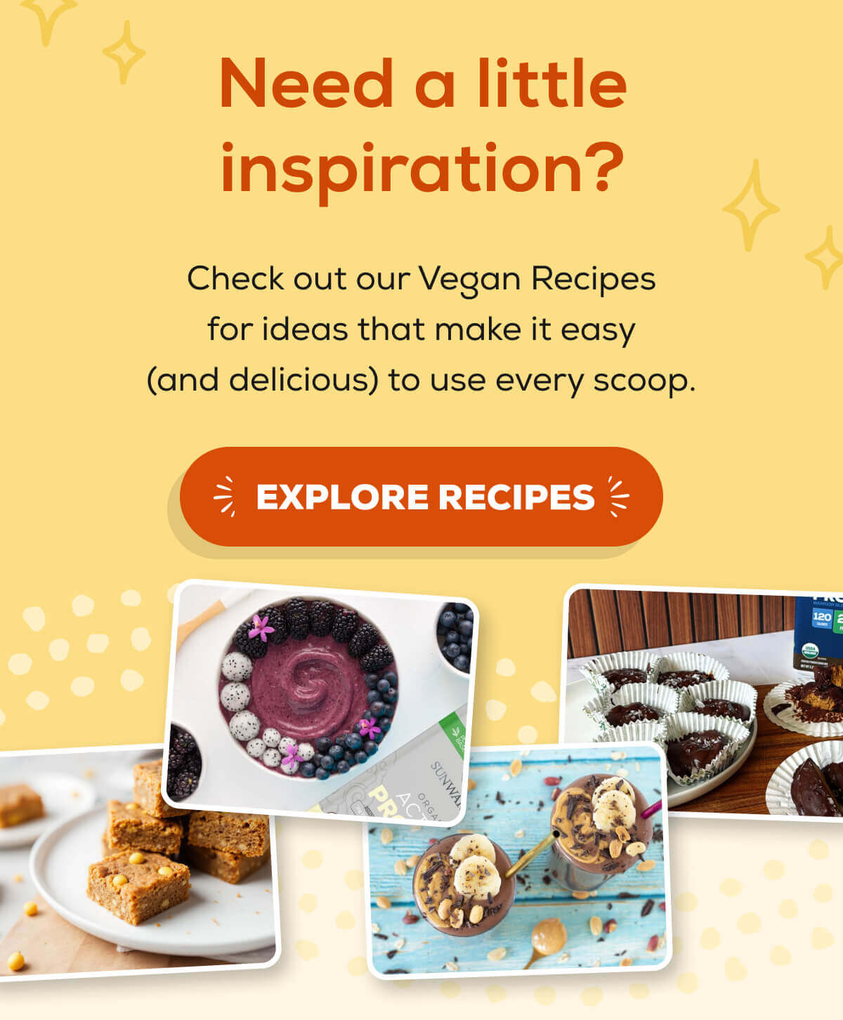 Need a little inspiration?  Check out our Vegan Recipes for ideas that make it easy (and delicious) to use every scoop.  EXPLORE RECIPES