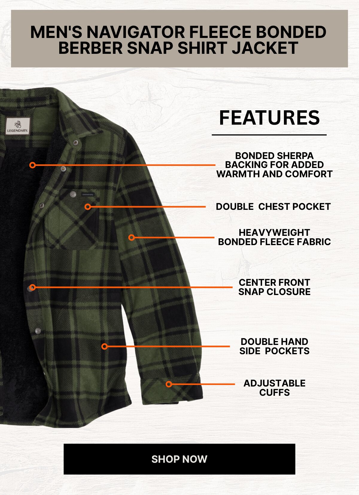 Men's Navigator Fleece Bonded Berber Snap Shirt Jacket