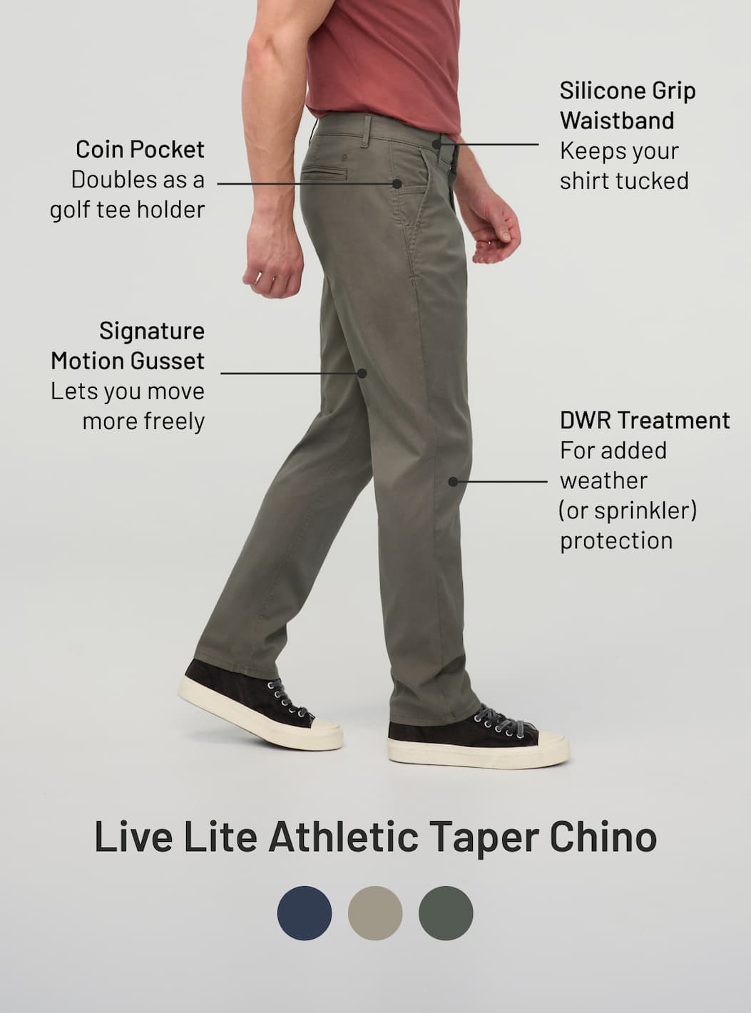 A streamlined chino with a comfortable athletic fit—roomy through the hip and thigh with a tapered leg.