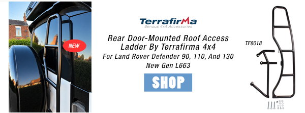 NEW Rear Door-Mounted Roof Access Ladder By Terrafirma 4x4 For Land Rover Defender 90, 110, And 130 New Gen L663 at Roverparts.com