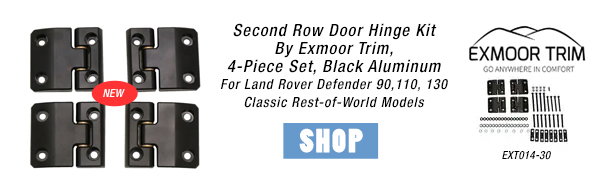 NEW Second Row Door Hinge Kit, By Exmoor Trim, 4-Piece Set, Black Aluminum For Land Rover Defender 90, 110, 130 at Roverparts.com