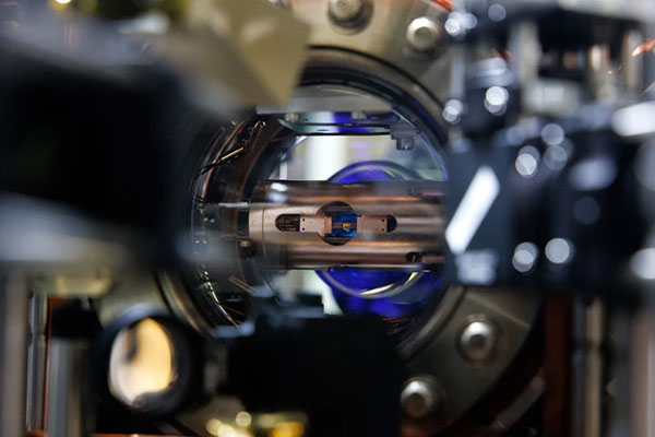 A close-up view of the interior of a lutetium ion clock. 